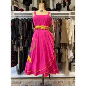 vintage 1980s fuchsia wrap skirt and top, applique bird, 2 piece summer outfit